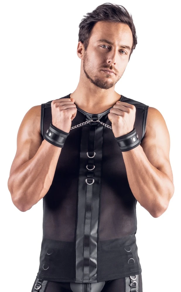 Svenjoyment Bondage Netz-Shirt – ärmellos & elastisch im schwarzen Mattlook mit Fesselringen vorne & hinten inkl. Soft-Handfesseln mit Karabinerketten für heiße Bondage-Action