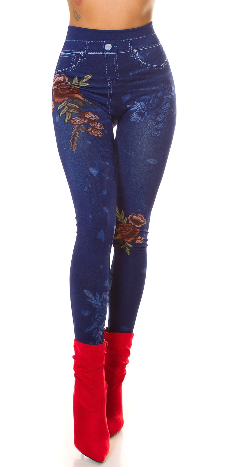 Flower Printed High Waist Jeans Look Leggings Flower Printed High Waist Jeans Look Leggings