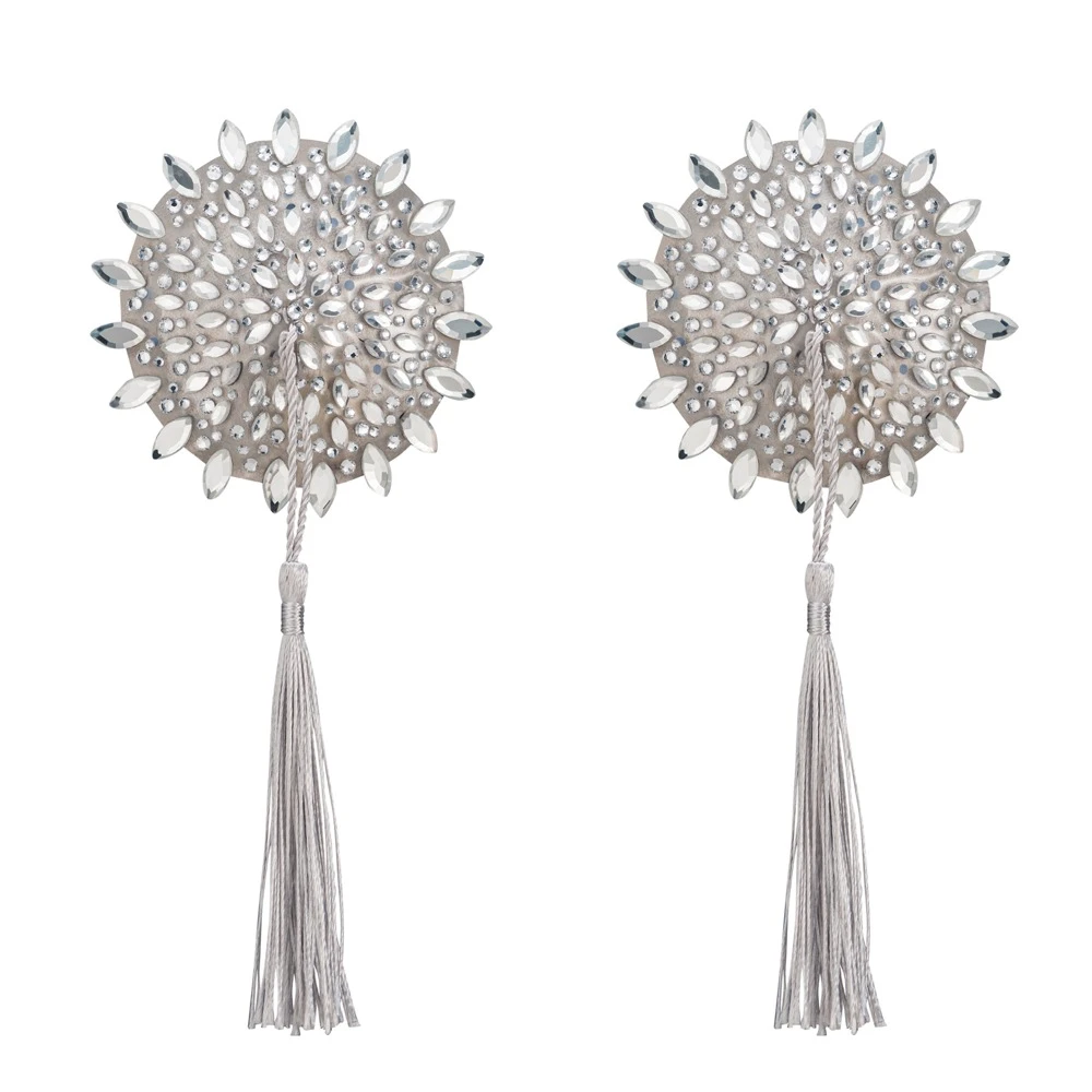 Mistiqua Nipple Cover von Obsessive – runde weiße Pasties mit Glitzersteinchen und Quasten für einen funkelnden, verspielten Look