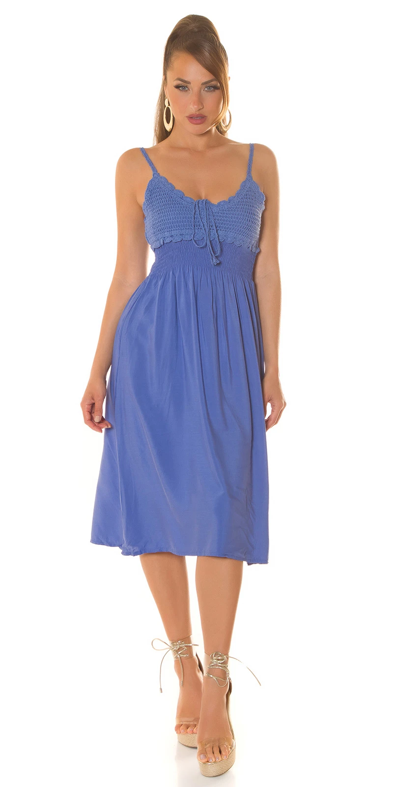 Knielanges Sommer Cotton Kleid Uni Baumwolle Midikleid mit Häkel-Details Knielanges Sommer Cotton Kleid Uni Baumwolle Midikleid mit Häkel-Details