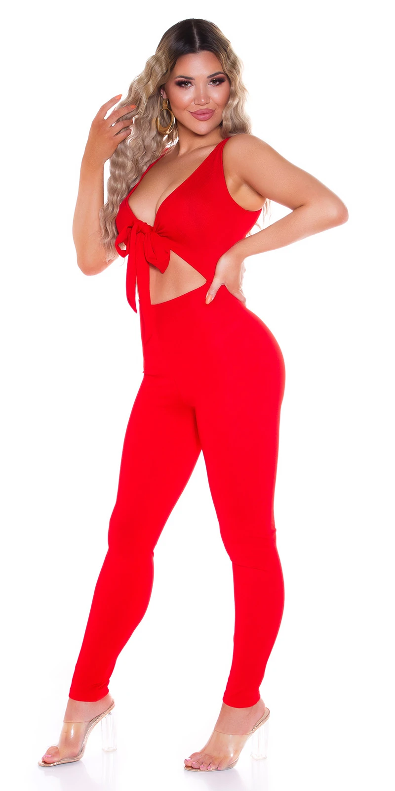 Hot V-Neck Maxi Overall ärmellos mit Cutout und Schleife