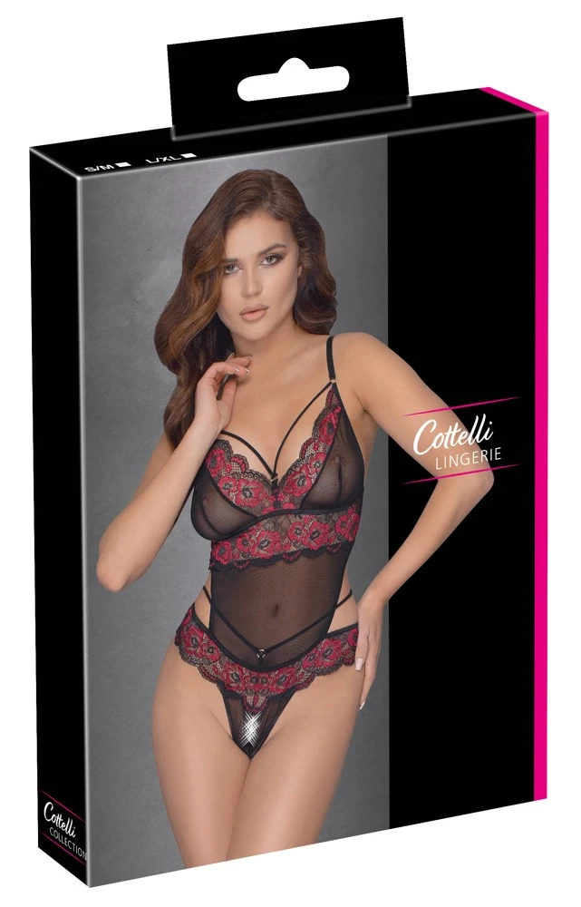 Cottelli LINGERIE Body aus 2-farbiger Spitze und Powernet ouvert im Schritt