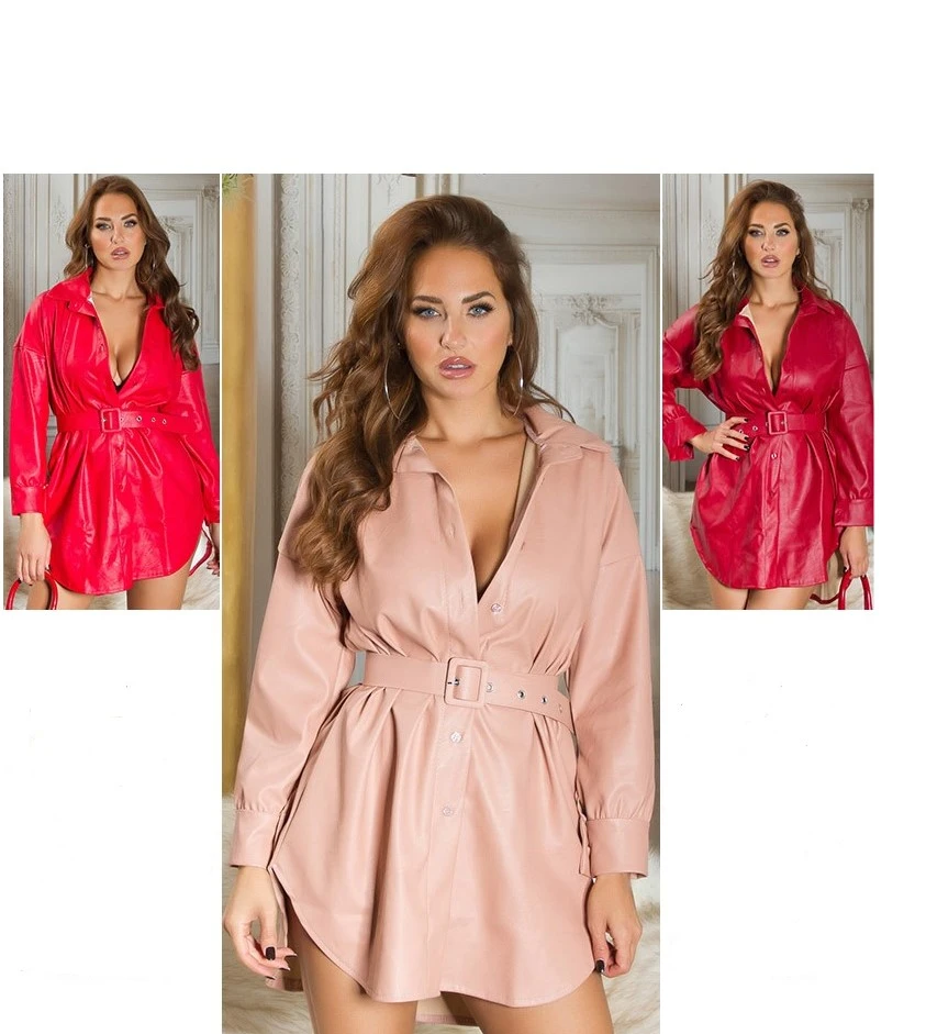 Kunstleder Blusen Kleid Long Bluse mit Gürtel Kunstleder Blusen Kleid Long Bluse mit Gürtel
