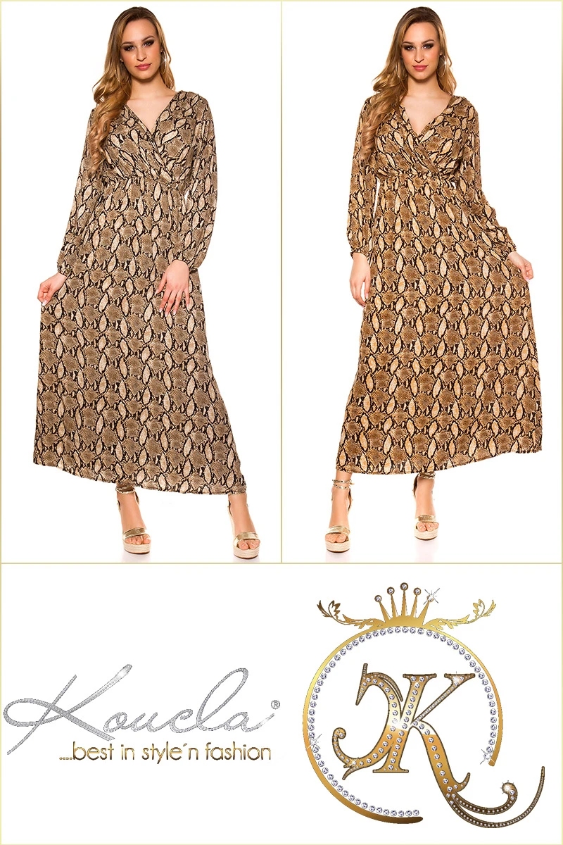 Maxi Kleid Schlangen Print Wickel V-Neck Langarm Maxi Kleid Schlangen Print Wickel V-Neck Langarm