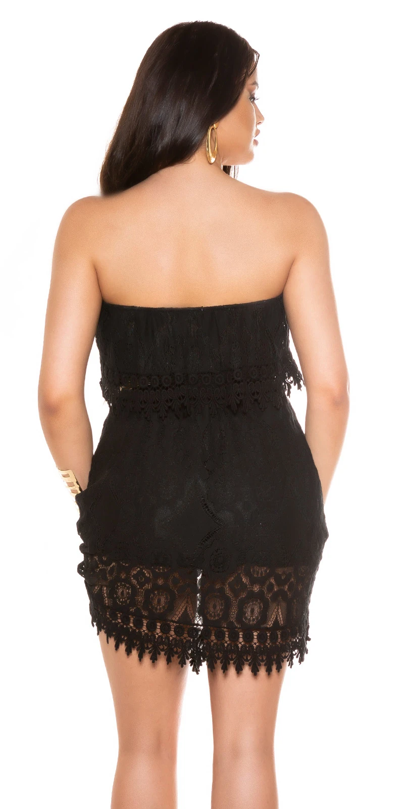 Off Shoulder Häkel Spitze Bandeau Minikleid mit Volant Off Shoulder Häkel Spitze Bandeau Minikleid mit Volant