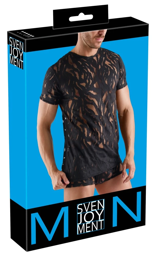 Herren Kurzarm-Shirt schwarz Ausbrenner-Optik transparent weich elastisch figurbetont stylisch anschmiegsam mit Wow-Effekt von Svenjoyment