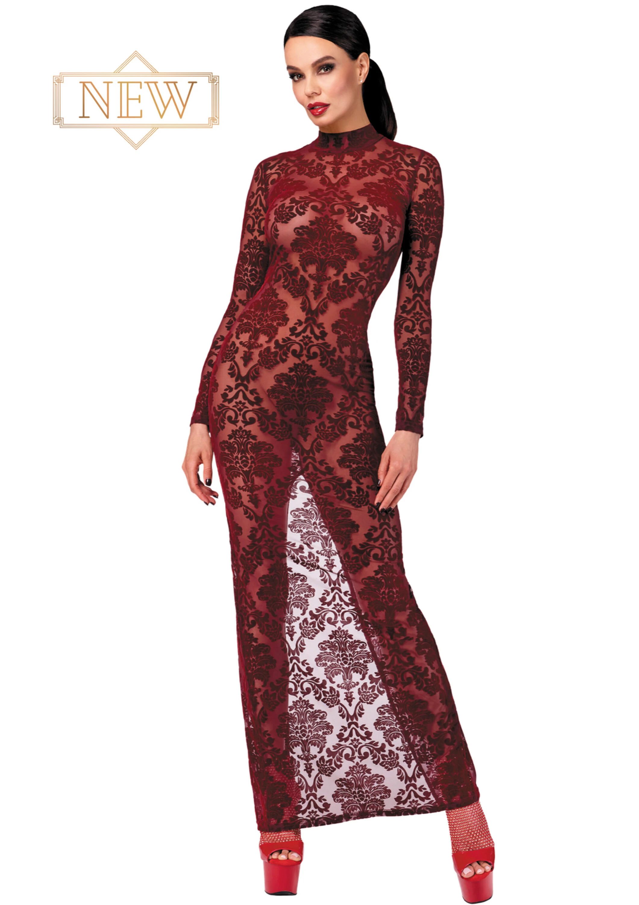 F383 Langes Flockkleid Kinky Royal aus weichem elastischem Tüll mit luxuriöser Flockstickerei, tiefem Rückenausschnitt, hohem Kragen mit Hakenverschluss und verführerischem Gehschlitz – von Noir Handmade F383 Langes Flockkleid Kinky Royal aus weichem elastischem Tüll mit luxuriöser Flockstickerei, tiefem Rückenausschnitt, hohem Kragen mit Hakenverschluss und verführerischem Gehschlitz – von Noir Handmade