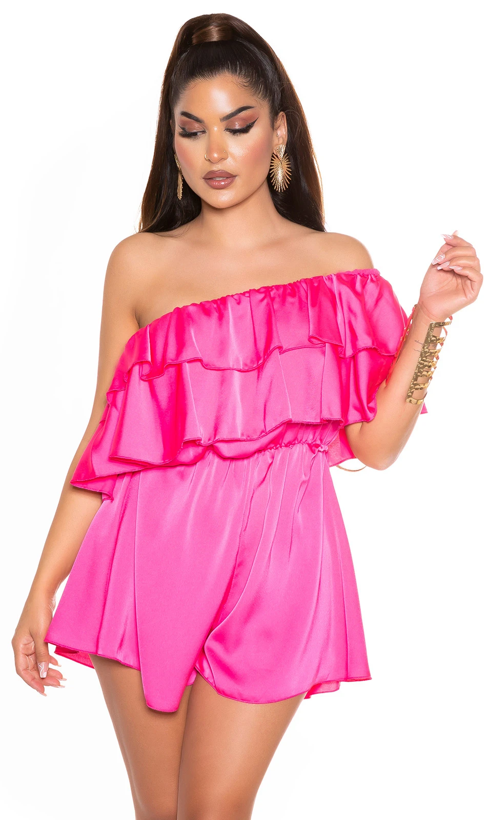 Satin Look Off Shoulder Hotpants Jumpsuit mit Volant Satin Look Off Shoulder Hotpants Jumpsuit mit Volant