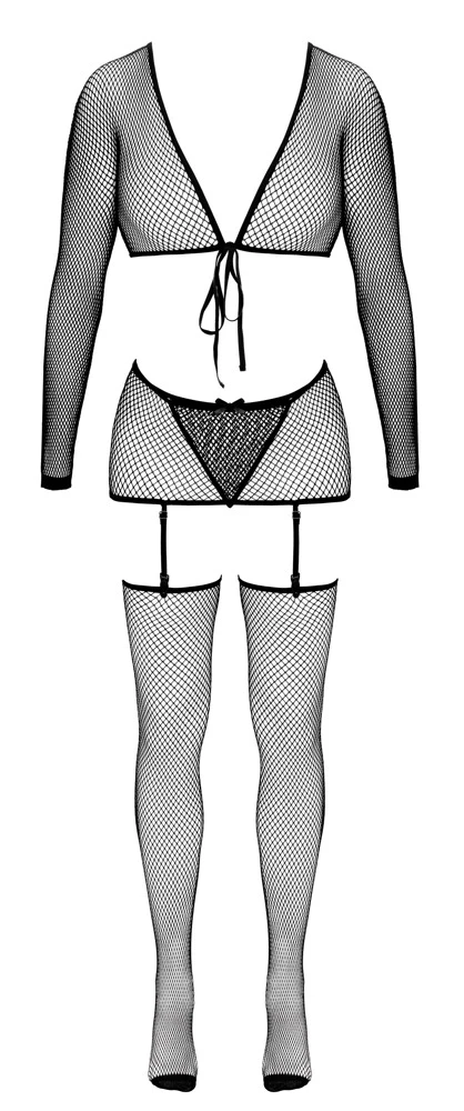 Fantasy by Cottelli 4-teiliges Netz Dessous Set mit Bolero, String, Strapsgürtel und Strümpfen schwarz elastisch figurbetont verstellbare Strumpfhalter stilvoll provokant feminin und auffällig