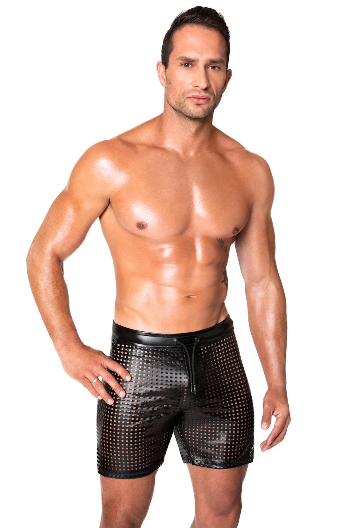 Erotische Shorts aus hochwertigem Power Wetlook-Gewebe mit perforiertem Muster, Reißverschluss und elastischem Bund, schwarze Noir Shorts H077