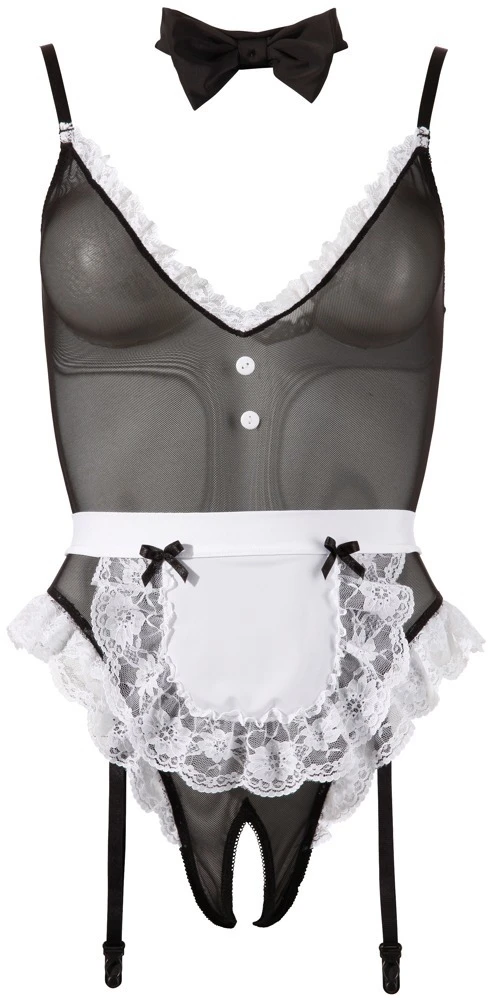Cottelli COSTUMES Servierbody Kellnerinnen-Kostüm, Ouvert Body aus Powernet, Halsband