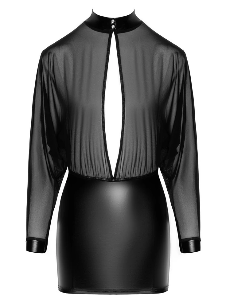 Noir Stylisches Langarm-Minikleid im Material-Mix aus transparentem Tüll und Powerwetlook mit tiefem Ausschnitt und Stehkragen Noir Stylisches Langarm-Minikleid im Material-Mix aus transparentem Tüll und Powerwetlook mit tiefem Ausschnitt und Stehkragen