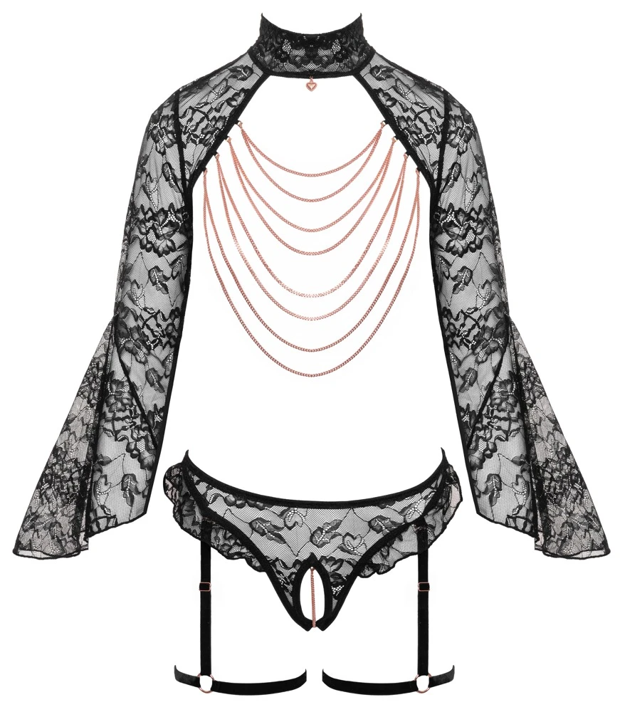 Abierta Fina Ouvert-Set mit Bolero-Top und Straps-Slip aus feiner Spitze und Samt mit kunstvollen Ketten, Herzanhänger und Stehkragen