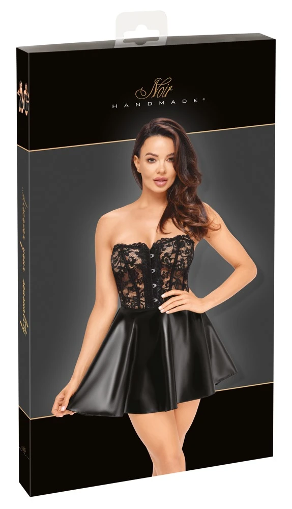 Trägerloses Corsagenkleid Corsagen-Oberteil aus zarter Spitze, Rockteil im Powerwetlook