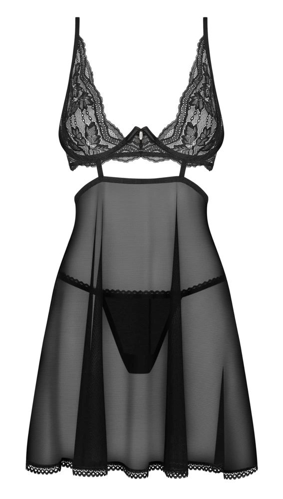 Elegantes schwarzes Dessous-Set Nutris von Obsessive: Transparentes Babydoll mit Spitze und passendem String für perfekten Sit Elegantes schwarzes Dessous-Set Nutris von Obsessive: Transparentes Babydoll mit Spitze und passendem String für perfekten Sit