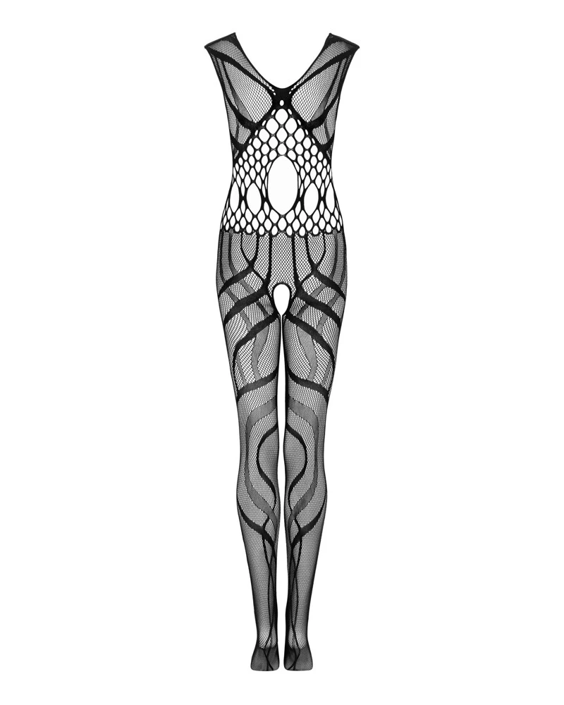 Obsessive Schwarzer Catsuit ouvert aus Netz mit eingewebten Streifen, die die weiblichen Kurven rasant unterstreichen. Anschmiegsam weich und elastisch für hohen Tragekomfort