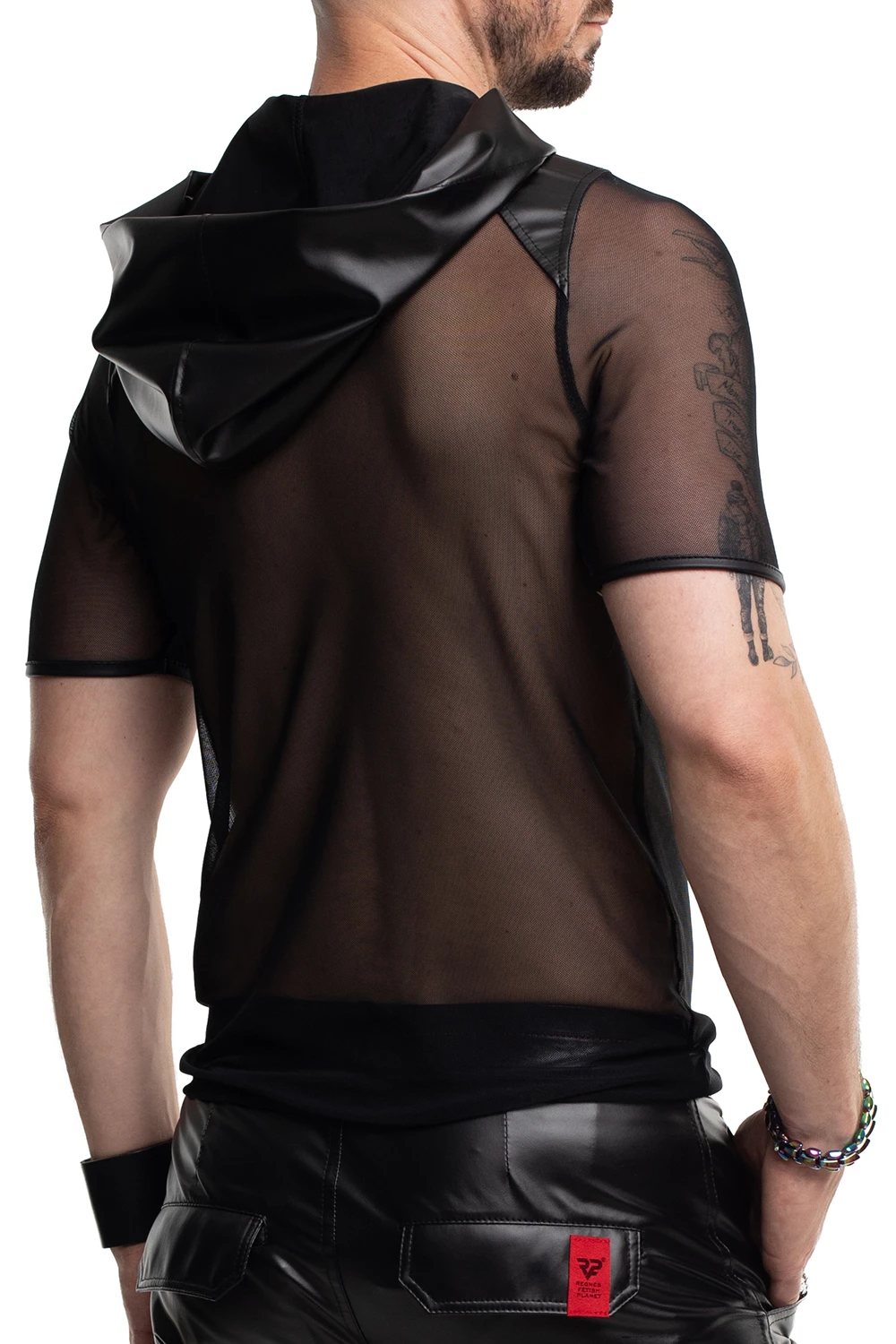 Herren Kapuzen-T-Shirt RMTito001 schwarz aus dehnbarem Mesh mit Wetlook-Kapuze Slim-Fit Netzshirt von Regnes Fetish Planet für markanten Style