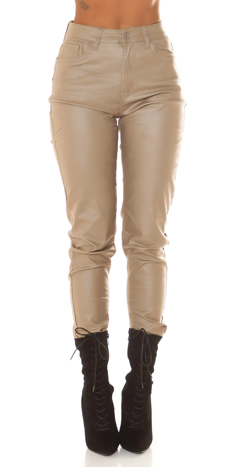 Damen Boyfriend Leder Look High Waist Hose Stretch Damen Boyfriend Leder Look High Waist Hose Stretch
