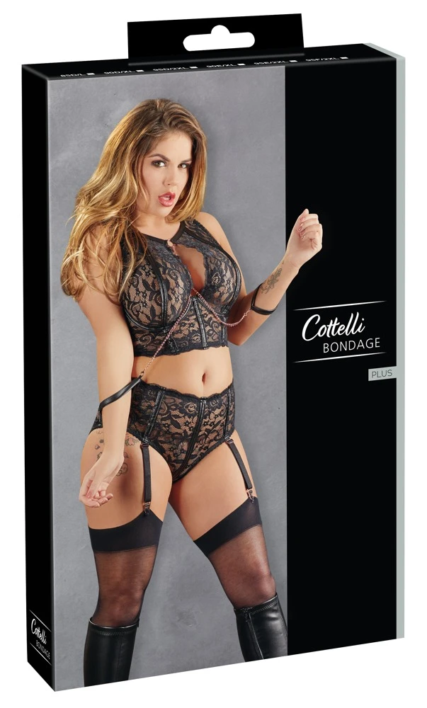 Cotteli Verführerisches Dessous-Set: Bügel-Bralette, Straps-Slip und abnehmbare Handfesseln aus zarter Spitze