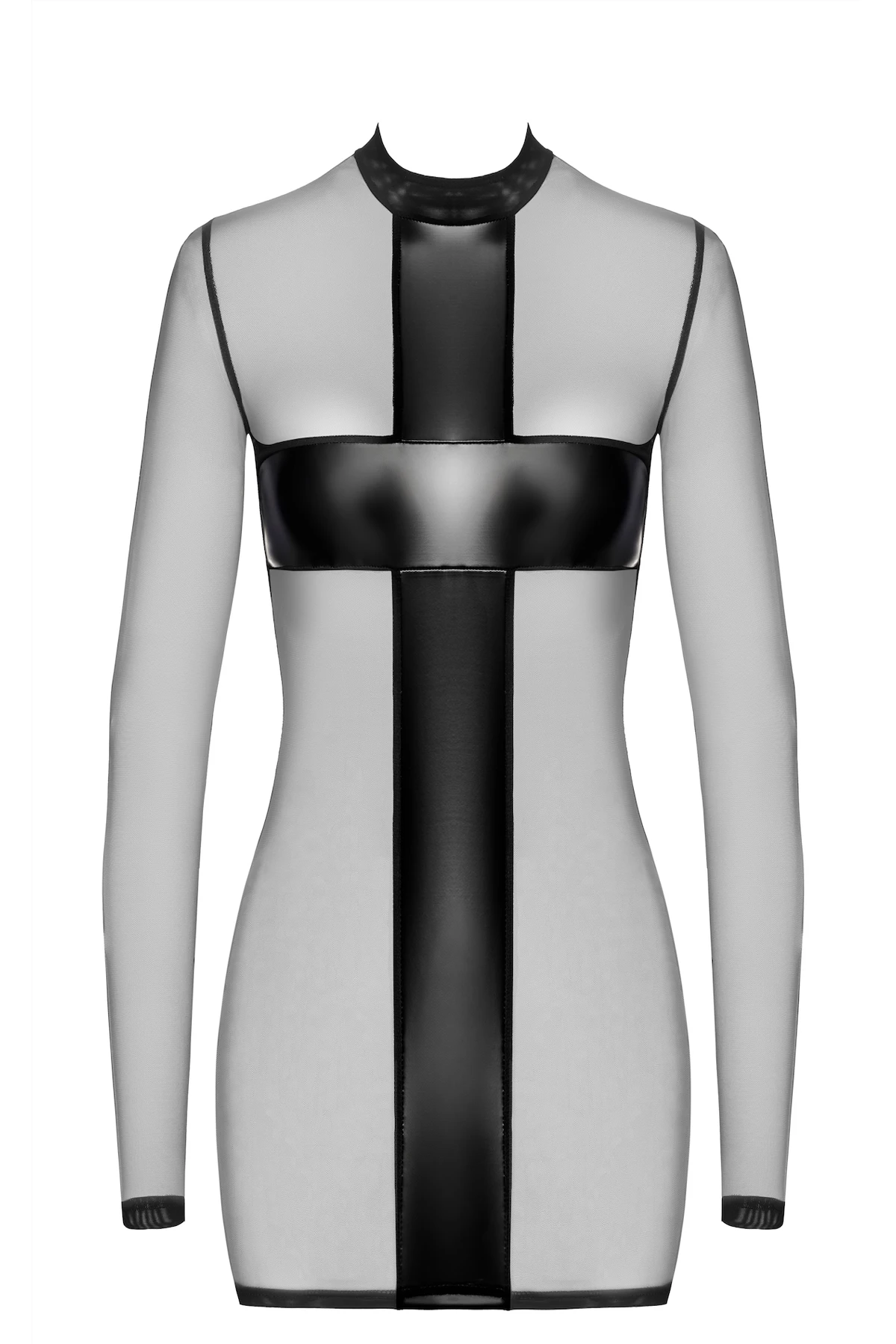 Crossfire Netz und Wetlook Minikleid F369 Noir Handmade aus elastischem Powerwetlook mit langen Ärmeln und markanten Kreuz- und Streifen-Details für einen provokanten Look