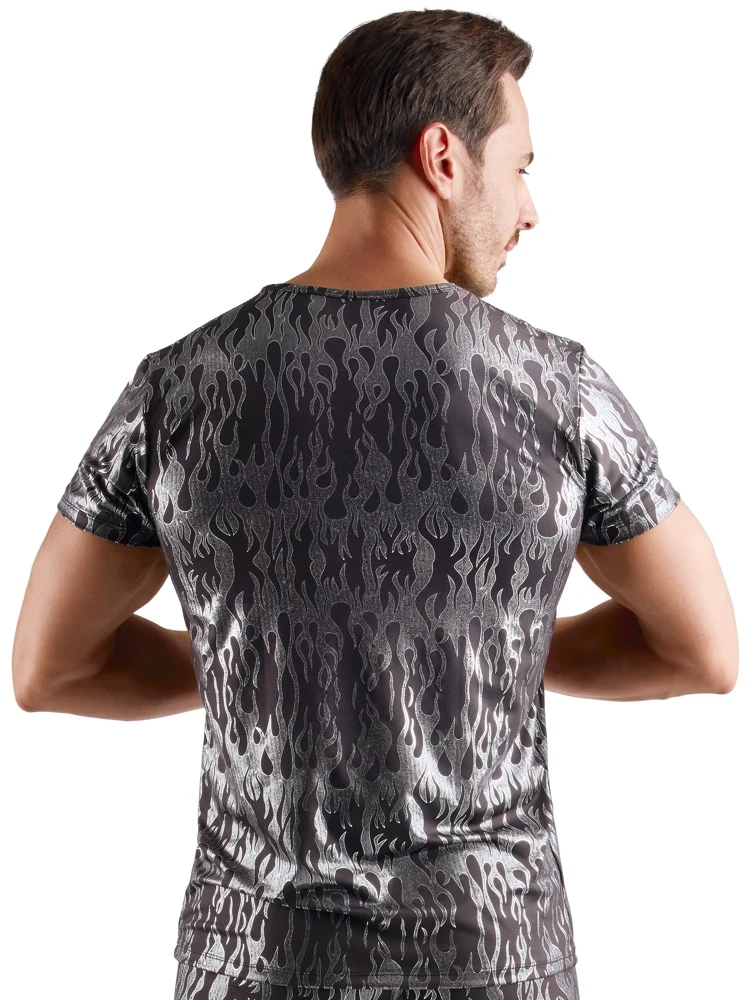 Kurzarm-Shirt Schwarz-Silber Svenjoyment im Mystic-Metallic-Look – hautnah betont, sexy schimmernd und elastisch für maskuline Ausstrahlung
