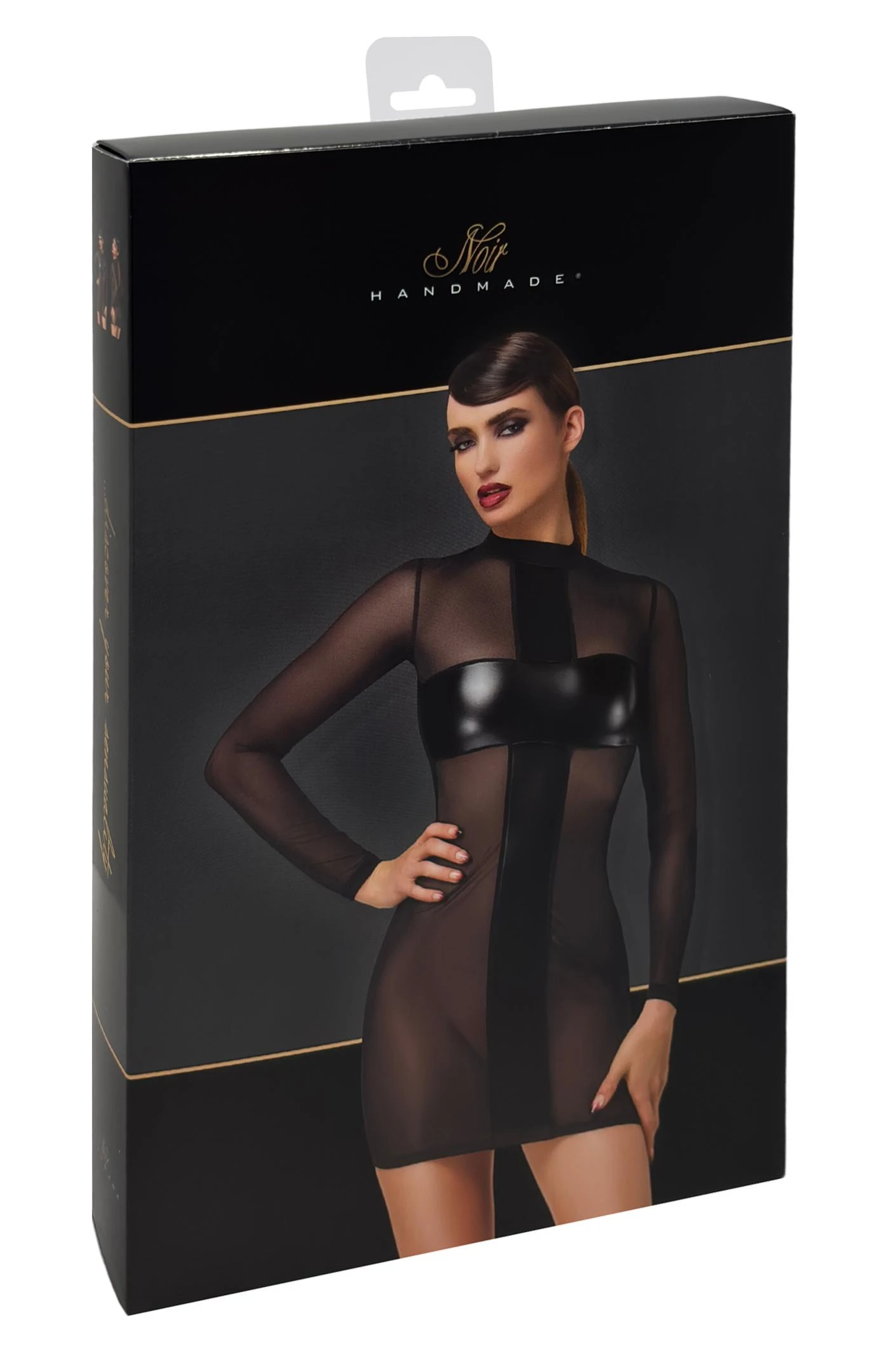 Crossfire Netz und Wetlook Kinky Minikleid F369 Noir Handmade aus elastischem Powerwetlook mit langen Ärmeln und markanten Kreuz- und Streifen-Details für einen provokanten Look