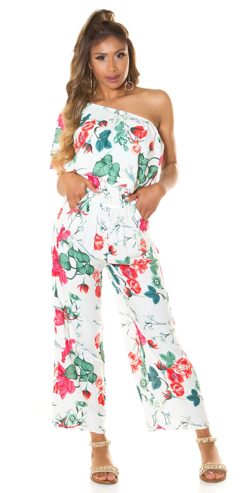 Rose Printed One Shoulder Maxi Marlene Viskose Jumpsuit mit Volant