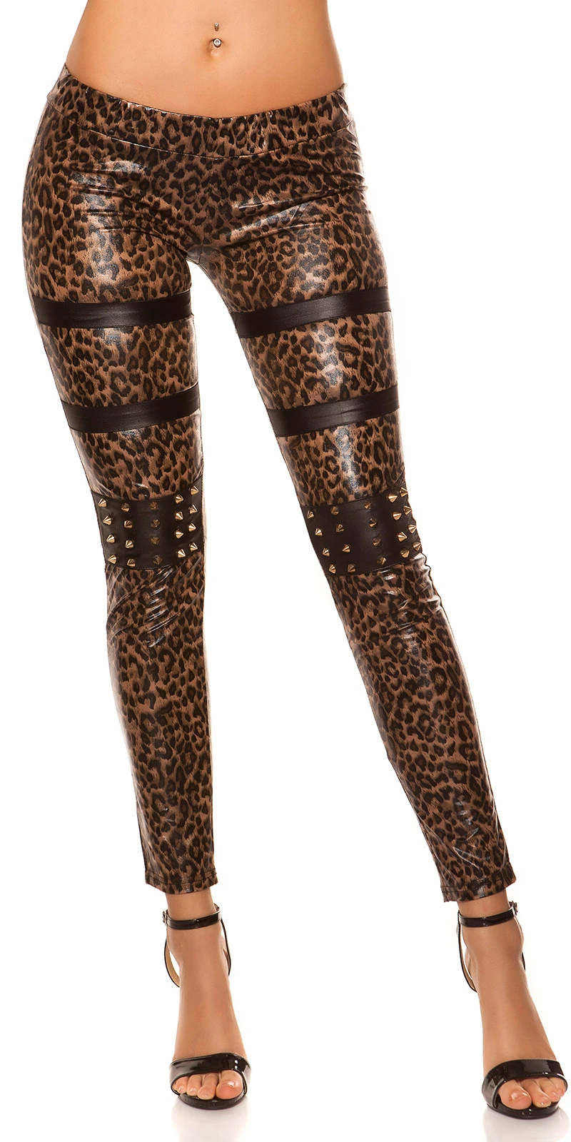 Funky Leder-Look Leggings mit Deko Streifen und Nieten