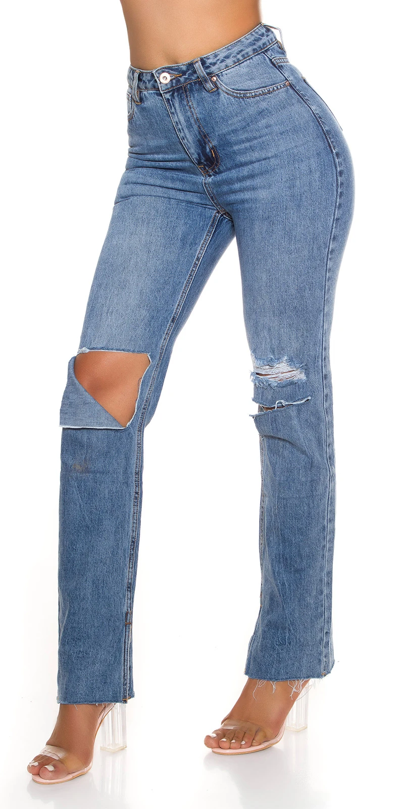 Straight Cut High Waist Jeans im Used Look mit Löcher Straight Cut High Waist Jeans im Used Look mit Löcher
