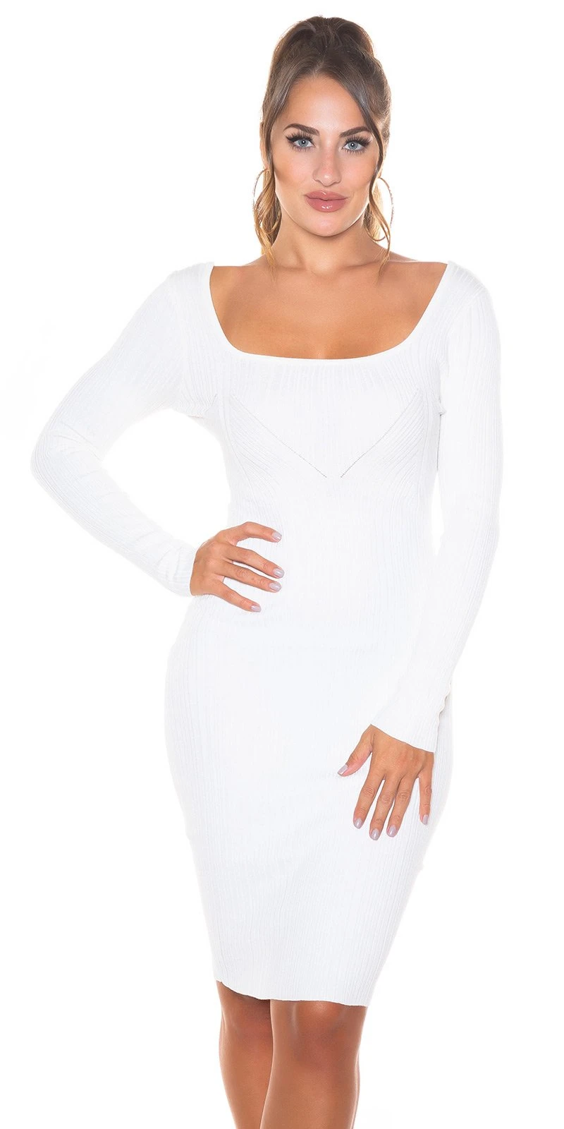 Cocktail Strickkleid mit Rücken-Cutout und Streifen-Musterung Cocktail Strickkleid mit Rücken-Cutout und Streifen-Musterung