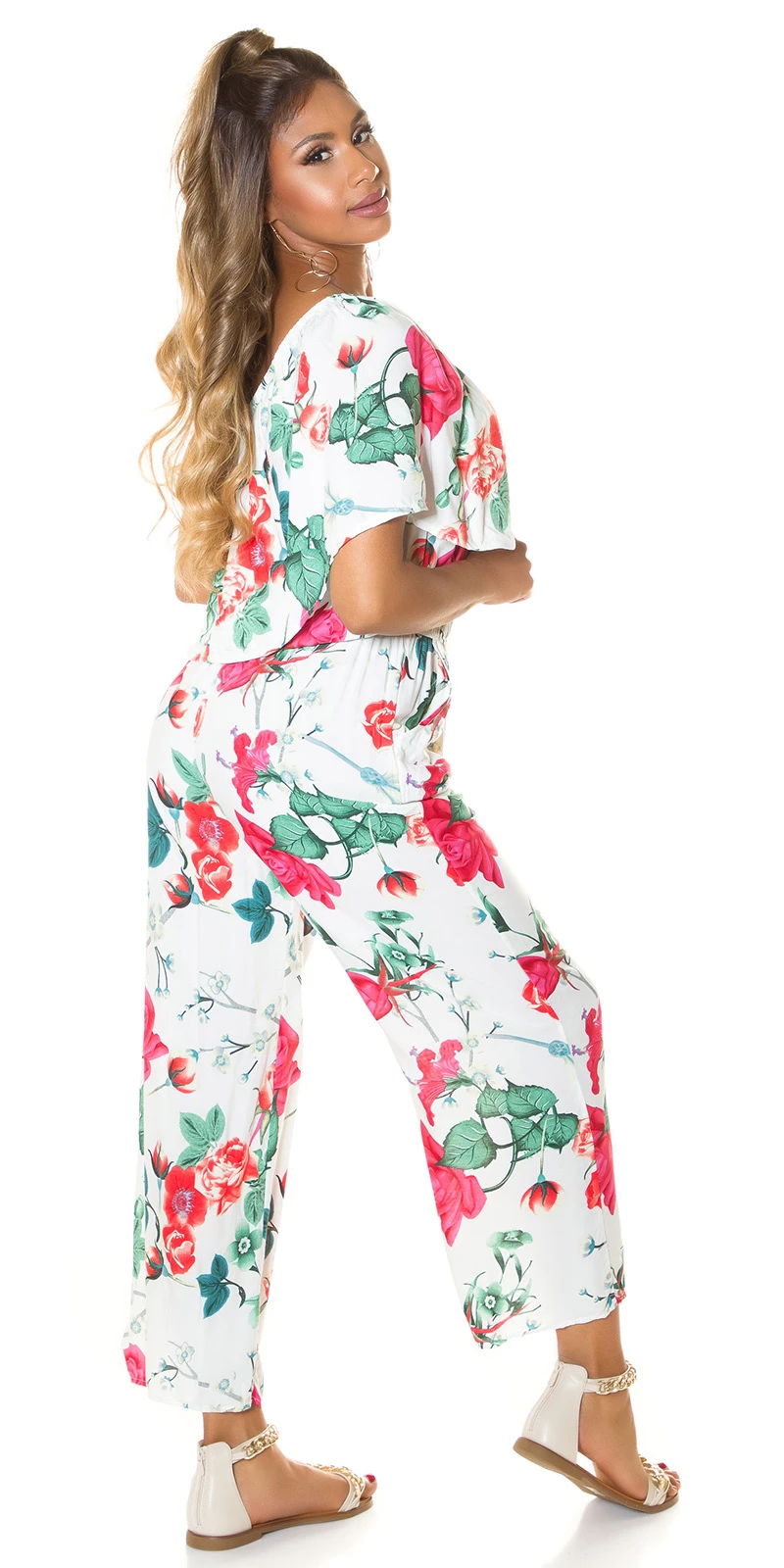 Rose Printed One Shoulder Maxi Marlene Viskose Jumpsuit mit Volant