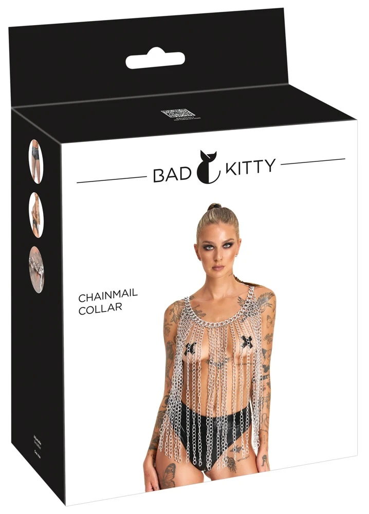 Bad Chainmail Collar, Bad Kitty Silberfarbene Unisex Körperkette als Kragen, Gürtel oder Rock verstellbar mit markantem Kettenlook