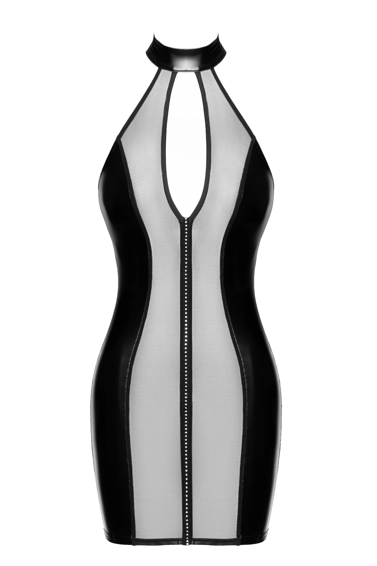 F370 Luxuria Crystal Sheer Kinky Minikleid von Noir Handmade – transparentes Netzdesign mit funkelnder Strasslinie, figurbetonendem Powerwetlook und hohem Kragen für einen ultra-sexy Look voller Glamour F370 Luxuria Crystal Sheer Kinky Minikleid von Noir Handmade – transparentes Netzdesign mit funkelnder Strasslinie, figurbetonendem Powerwetlook und hohem Kragen für einen ultra-sexy Look voller Glamour