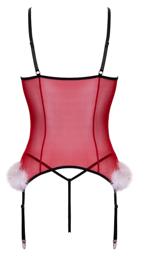 Strapshemd & String im Set X-Mas von Cottelli LINGERIE in rotem Powernet mit Spitze, schwarzen Details und weißem Federbesatz für einen festlichen Look