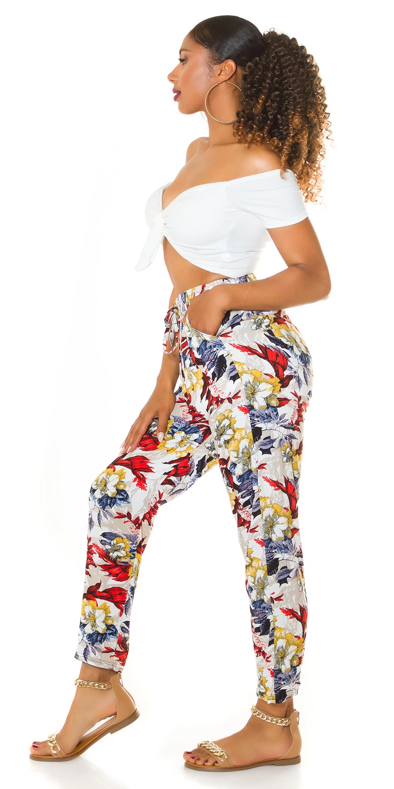 Cotton High Waist Sommer Hose mit Tropical Print