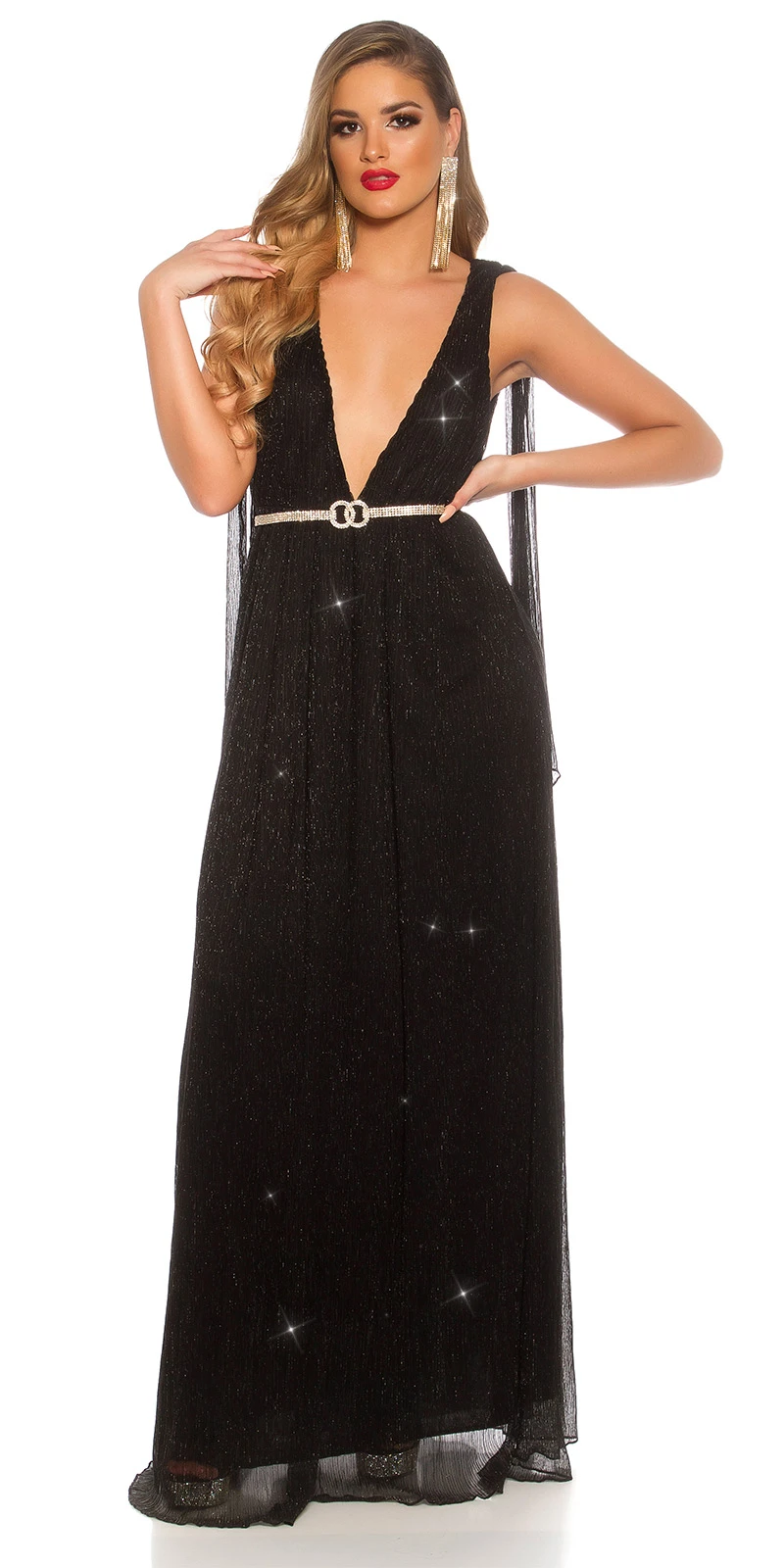 Doppel V-Neck Glitter Silvester Maxi Cocktail Kleid mit Deko Schleppen Doppel V-Neck Glitter Silvester Maxi Cocktail Kleid mit Deko Schleppen