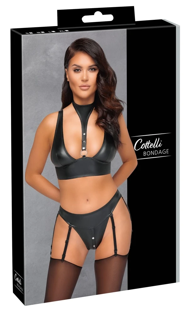 Cottelli Verführerisches Set: Schwarzes Bralette mit Halsband und Straps-Slip, inklusive Handfessel und verstellbaren Strapsen