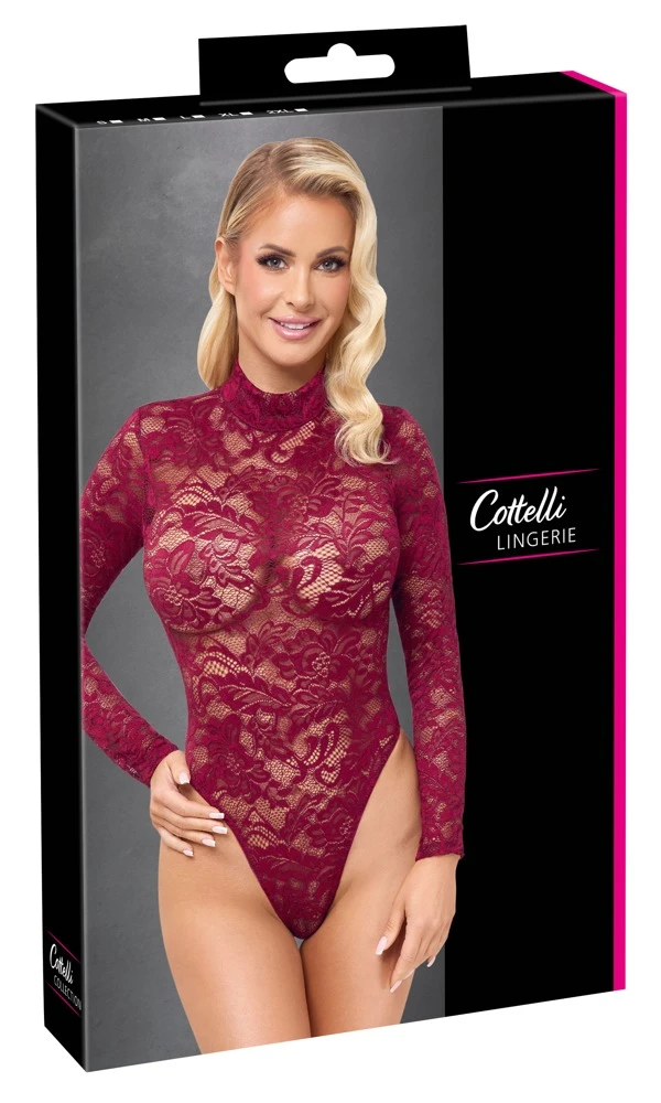 Cottelli LINGERIES Ornament-Spitzen Stringbody mit langem Arm & Stehkragen Sexy hoher Beinausschnitt