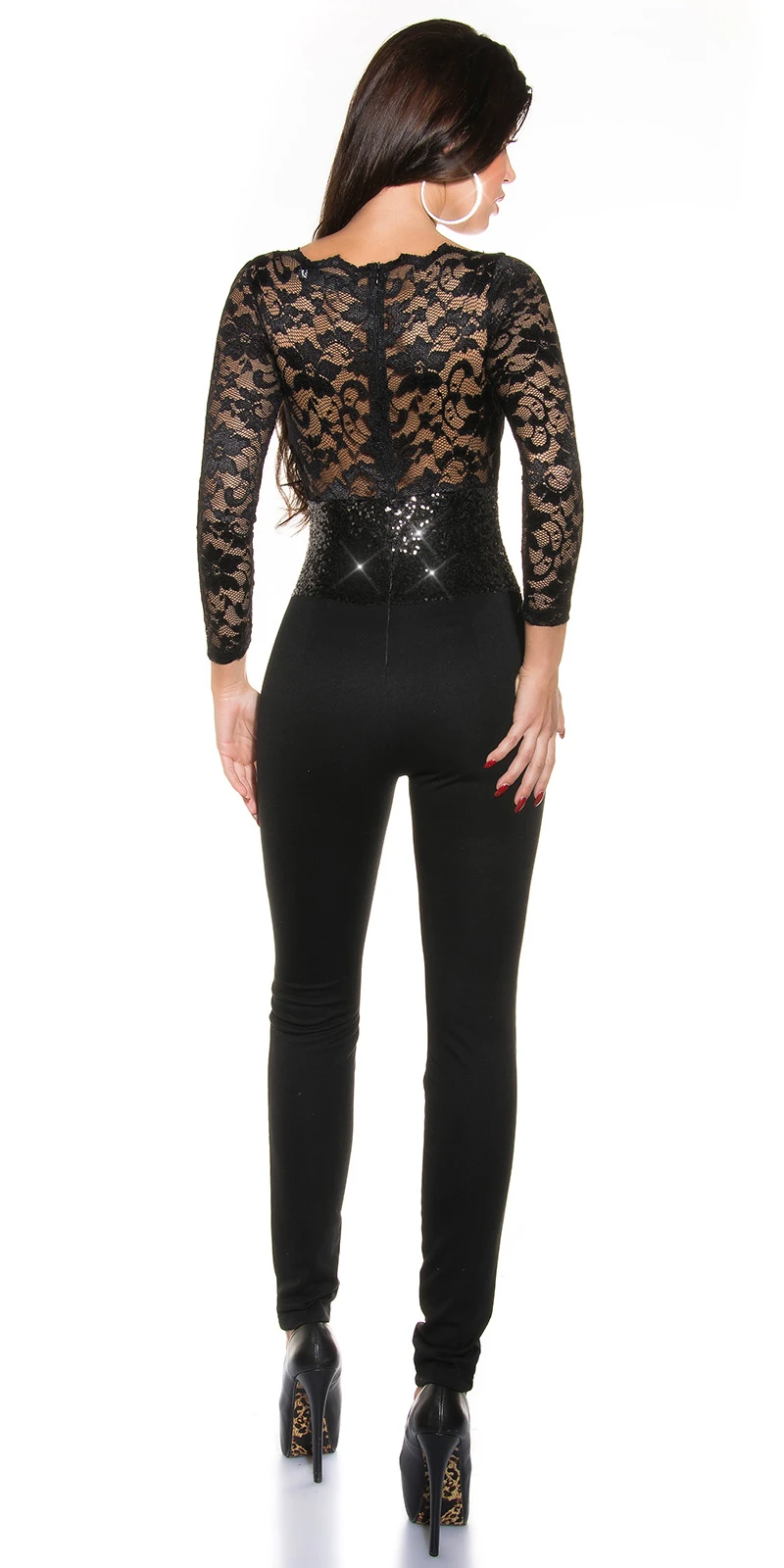 Röhren Overall mit langen Ärmeln mit Spitze und Paillettentaille Röhren Overall mit langen Ärmeln mit Spitze und Paillettentaille