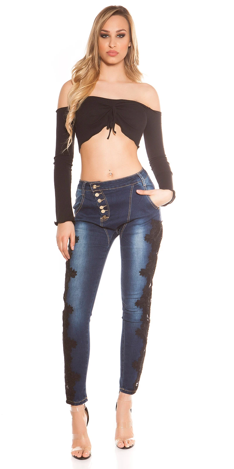 Stylo Skinny Röhren Hüft Jeans mit Deko Spitze und Knopfleiste Stylo Skinny Röhren Hüft Jeans mit Deko Spitze und Knopfleiste