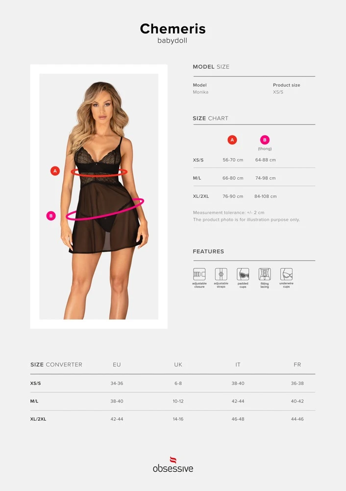Obsessive kurzes Babydoll und String im schwarz-transparentem Set. Oberteil aus effektvoller Spitze mit leicht gepolsterten Bügel-Cups.