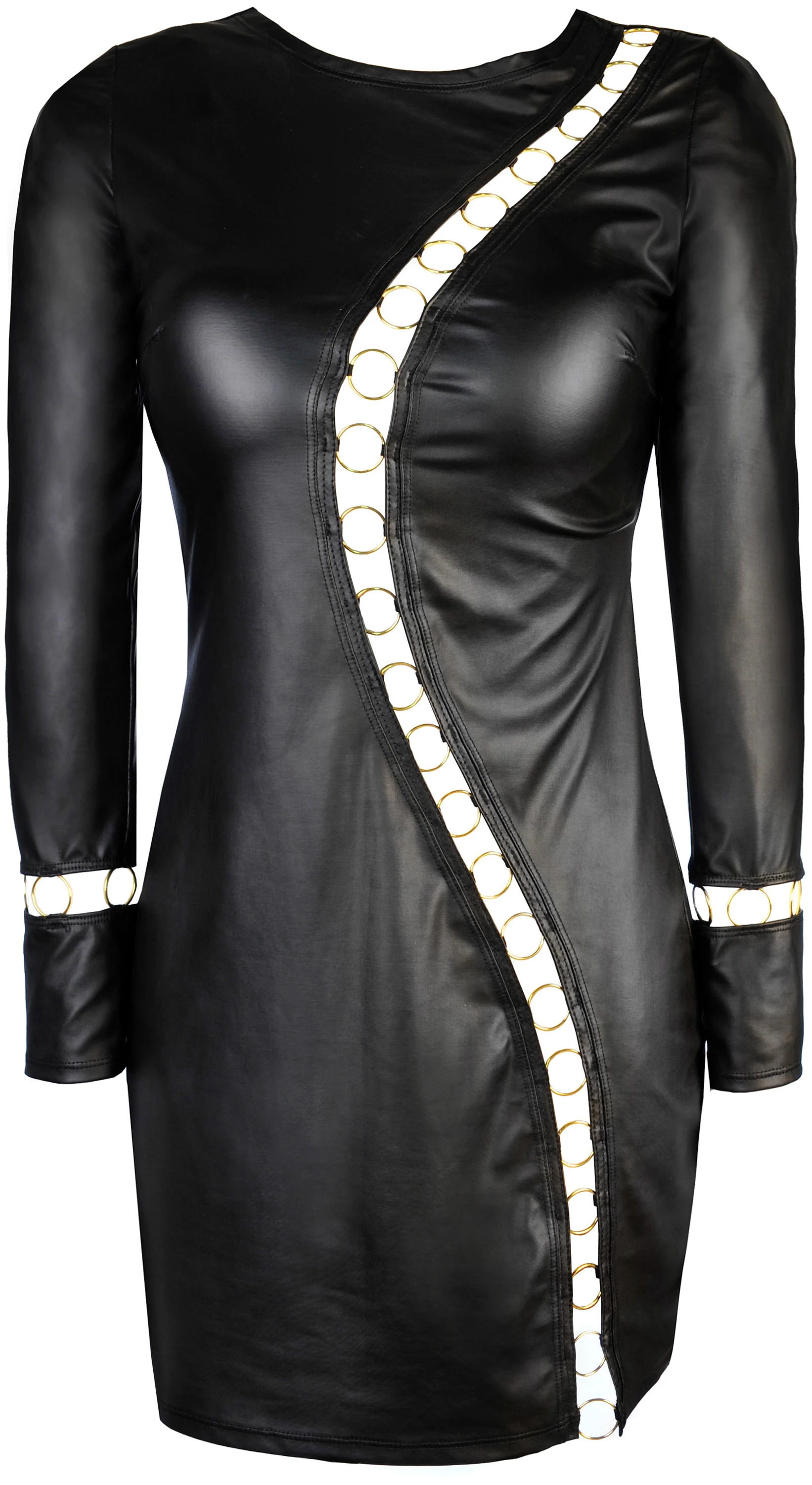 Axami Wetlook-Kleid: Figurbetonendes Design mit wellenförmigem Schnitt und goldfarbenen Akzenten, Partykleid Clubwear Schwarz V-10959