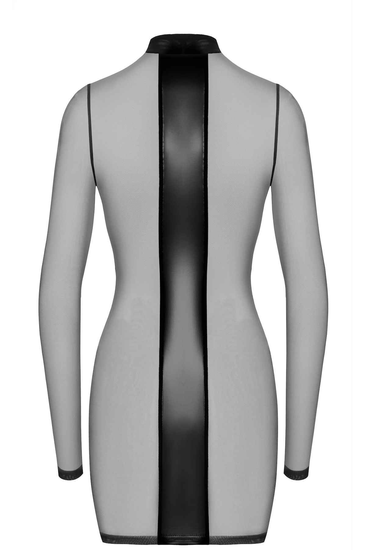 Crossfire Netz und Wetlook Minikleid F369 Noir Handmade aus elastischem Powerwetlook mit langen Ärmeln und markanten Kreuz- und Streifen-Details für einen provokanten Look