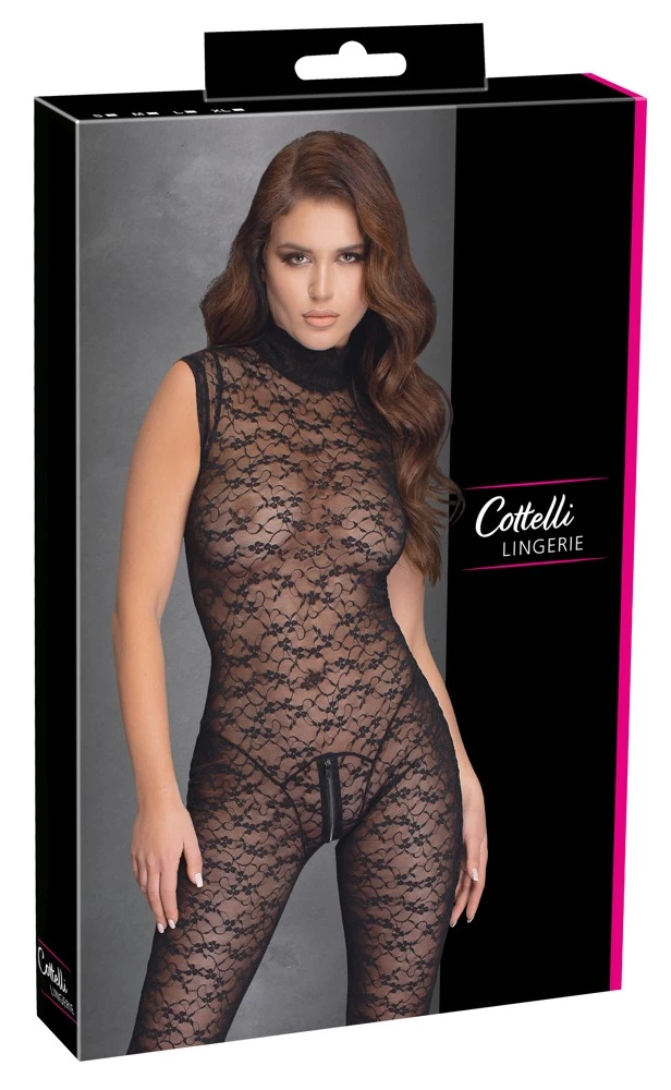 Cottelli LINGERIE Ärmelloser Overall Bodystocking aus Spitze Zip am Schritt Provozierende Transparent