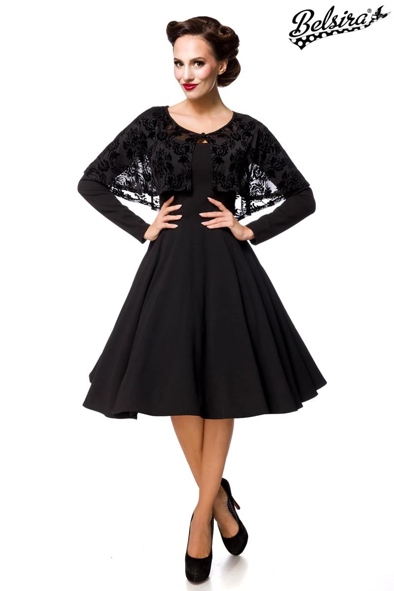 Retrokleid mit Cape aus Netz mit floralem Muster und samtigem Flockdruck Retrokleid mit Cape aus Netz mit floralem Muster und samtigem Flockdruck