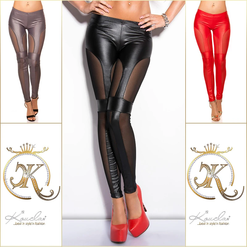 Sexy KouCla Leggings mit Mesh Gewebe und Kunstleder Streifen