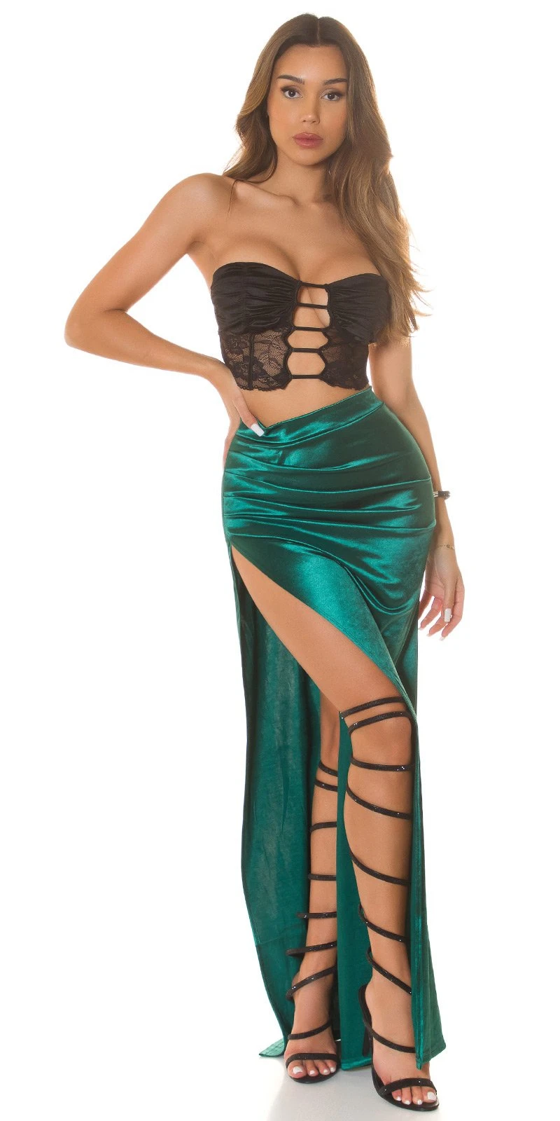 Highwaist Cocktail Rock Bodenlang Satin Look Maxirock mit Falten-Effekt und Beinschlitz Highwaist Cocktail Rock Bodenlang Satin Look Maxirock mit Falten-Effekt und Beinschlitz