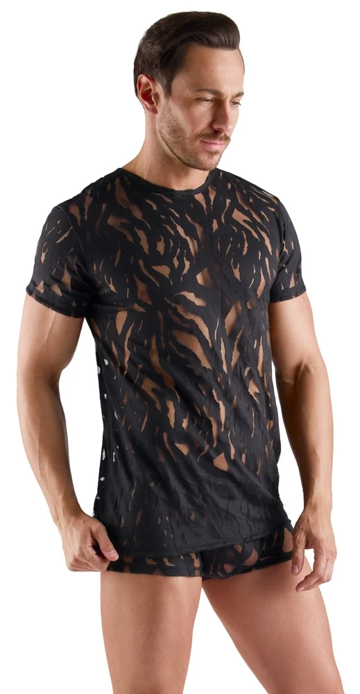 Herren Kurzarm-Shirt schwarz Ausbrenner-Optik transparent weich elastisch figurbetont stylisch anschmiegsam mit Wow-Effekt von Svenjoyment