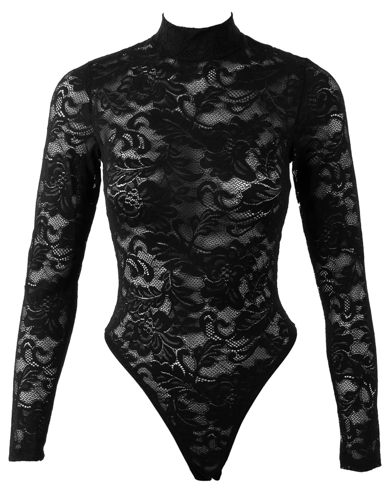 Cottelli LINGERIE Sexy Langarm-Body aus schwarzer Ornament-Spitze mit Stehkragen und extra hohen Beinausschnitten