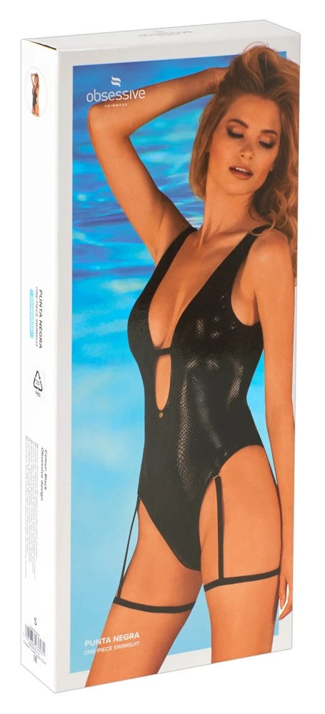 Obsessive leicht gefütterter String-Badeanzug Punta Negra im schwarzen, edelen Mattlook mit dekorative Stretchbänder.